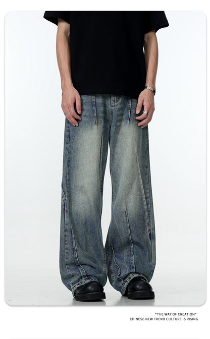 11Kn American Blue Jeans for Men and Women, Deconstructed Design, Retro Distressed Washed Straight Leg Trendy Loose Wide Leg Pants