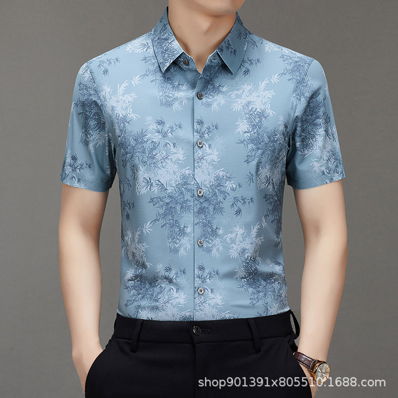 Men's Short-sleeved Shirt 2025 New Spring and Summer Ice Shirt Men's Jacquard Traceless All-match Shirt Men's Short-sleeved Shirt