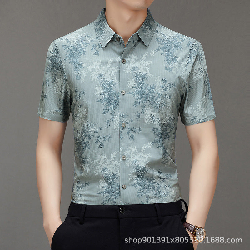 Men's Short-sleeved Shirt 2025 New Spring and Summer Ice Shirt Men's Jacquard Traceless All-match Shirt Men's Short-sleeved Shirt