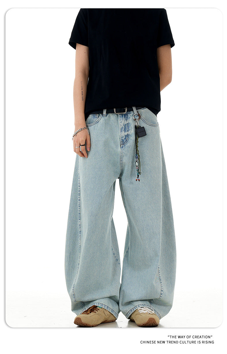 11Kn American Retro Ice Blue Scimitar Jeans for Men and Women, Distressed Washed Slimming Look Simple Wide-Leg Stacked Pants