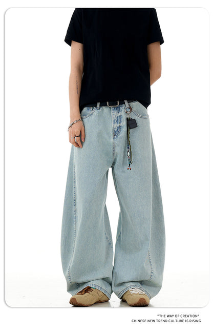 11Kn American Retro Ice Blue Scimitar Jeans for Men and Women, Distressed Washed Slimming Look Simple Wide-Leg Stacked Pants