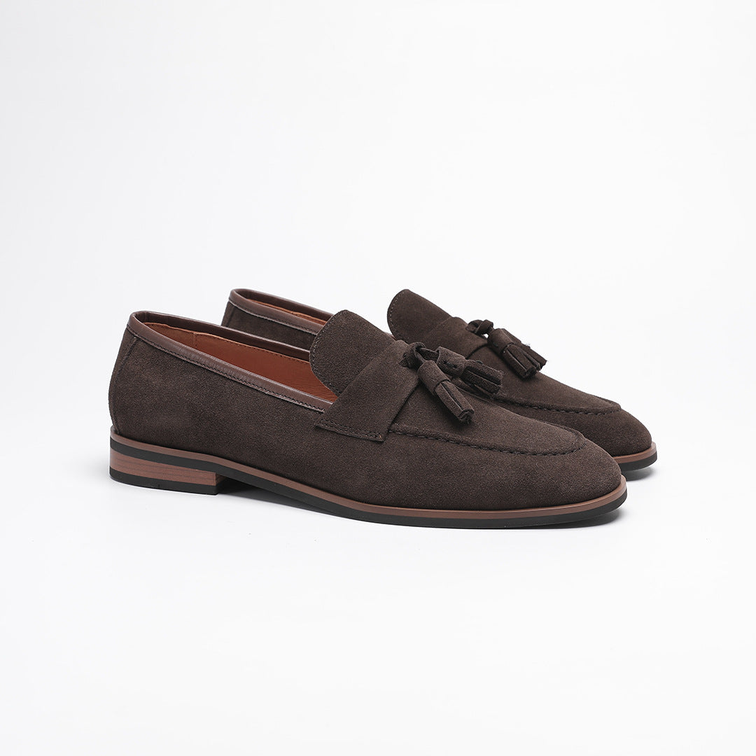 Elegant Gentleman British Retro Handmade Nubuck Leather Slip-On Tassel Loafers for Men, Lazy Casual Beanie Shoes for Men