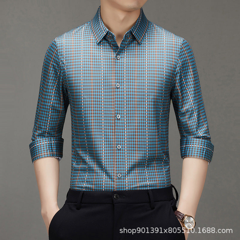 Spring and Autumn New Men's Shirt Cotton Plaid Business Casual Fashion Striped Non-Ironing Slim Long Sleeve Linen Shirt