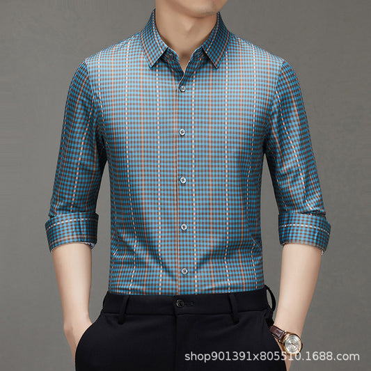 Spring and Autumn New Men's Shirt Cotton Plaid Business Casual Fashion Striped Non-Ironing Slim Long Sleeve Linen Shirt