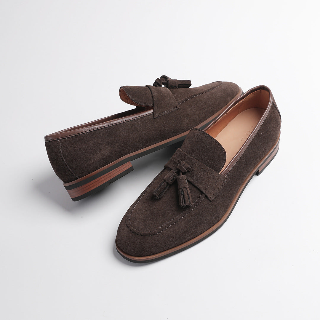 Elegant Gentleman British Retro Handmade Nubuck Leather Slip-On Tassel Loafers for Men, Lazy Casual Beanie Shoes for Men