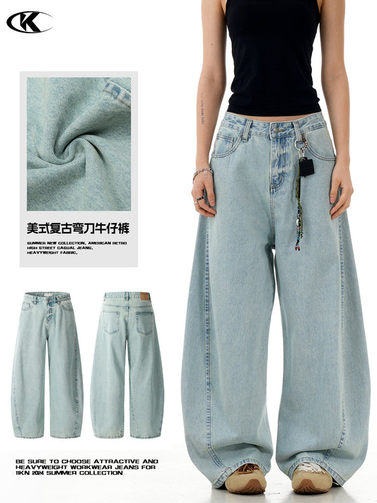 11Kn American Retro Ice Blue Scimitar Jeans for Men and Women, Distressed Washed Slimming Look Simple Wide-Leg Stacked Pants