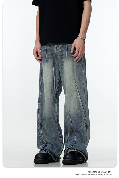 11Kn American Blue Jeans for Men and Women, Deconstructed Design, Retro Distressed Washed Straight Leg Trendy Loose Wide Leg Pants
