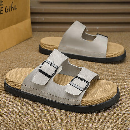 Linen Slippers for Men, Summer Outdoor Wear, Thick-Soled Woven Driving and Casual Sandals for Men