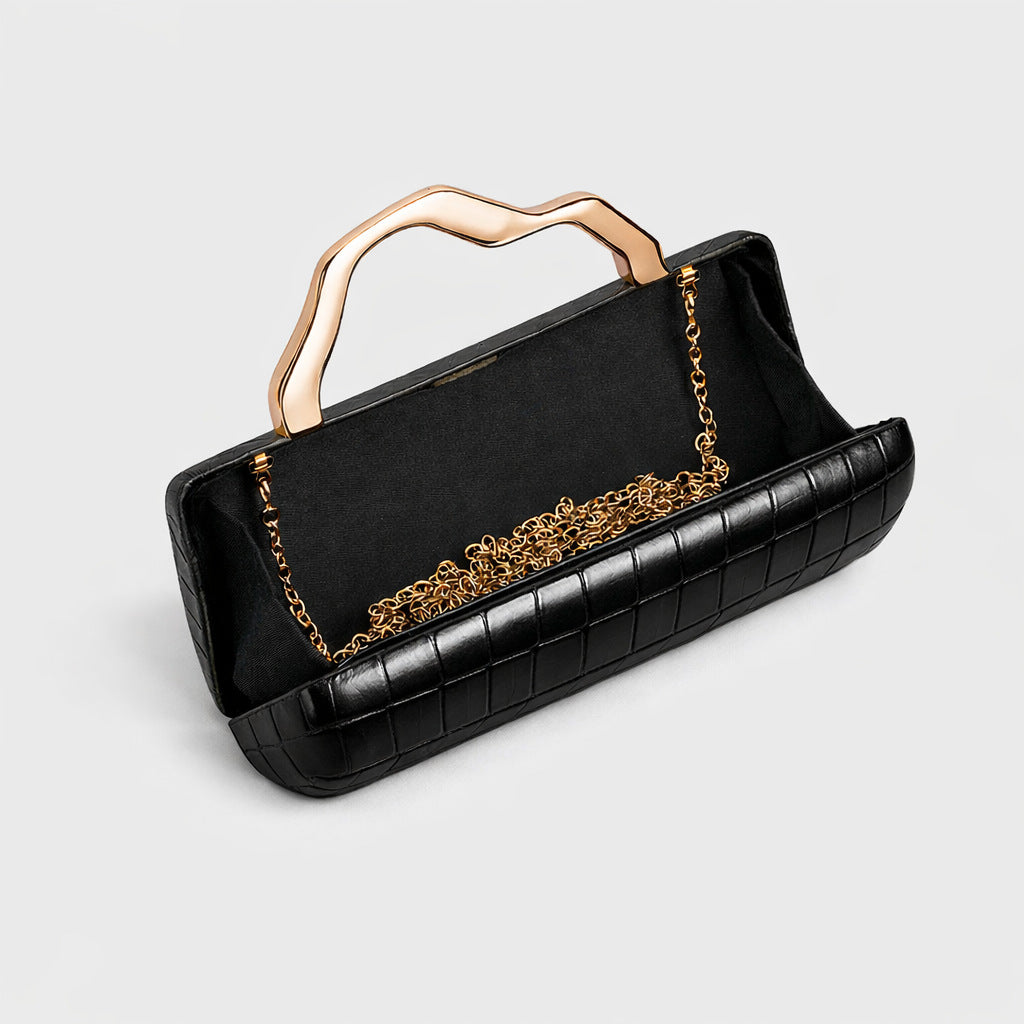 Luxury Burgundy Crocodile Pattern PU Evening Clutch with Gilded Shaped Handle for Ladies Fashionable Party Handbag