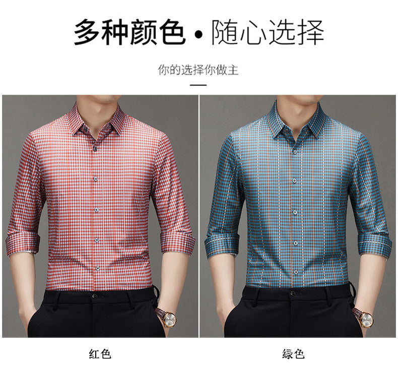 Spring and Autumn New Men's Shirt Cotton Plaid Business Casual Fashion Striped Non-Ironing Slim Long Sleeve Linen Shirt