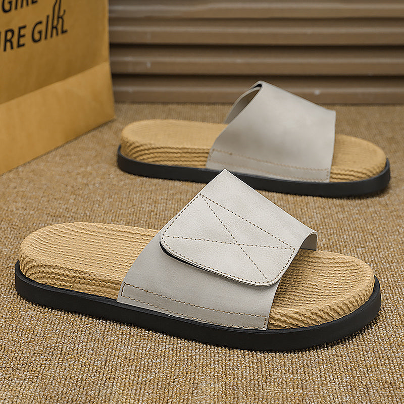 Linen Slippers for Men, Summer Outdoor Wear, Thick-Soled Woven Driving and Casual Sandals for Men