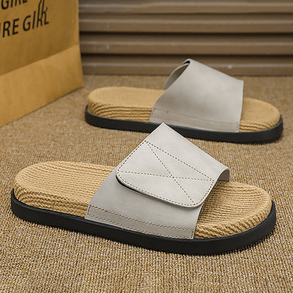 Linen Slippers for Men, Summer Outdoor Wear, Thick-Soled Woven Driving and Casual Sandals for Men