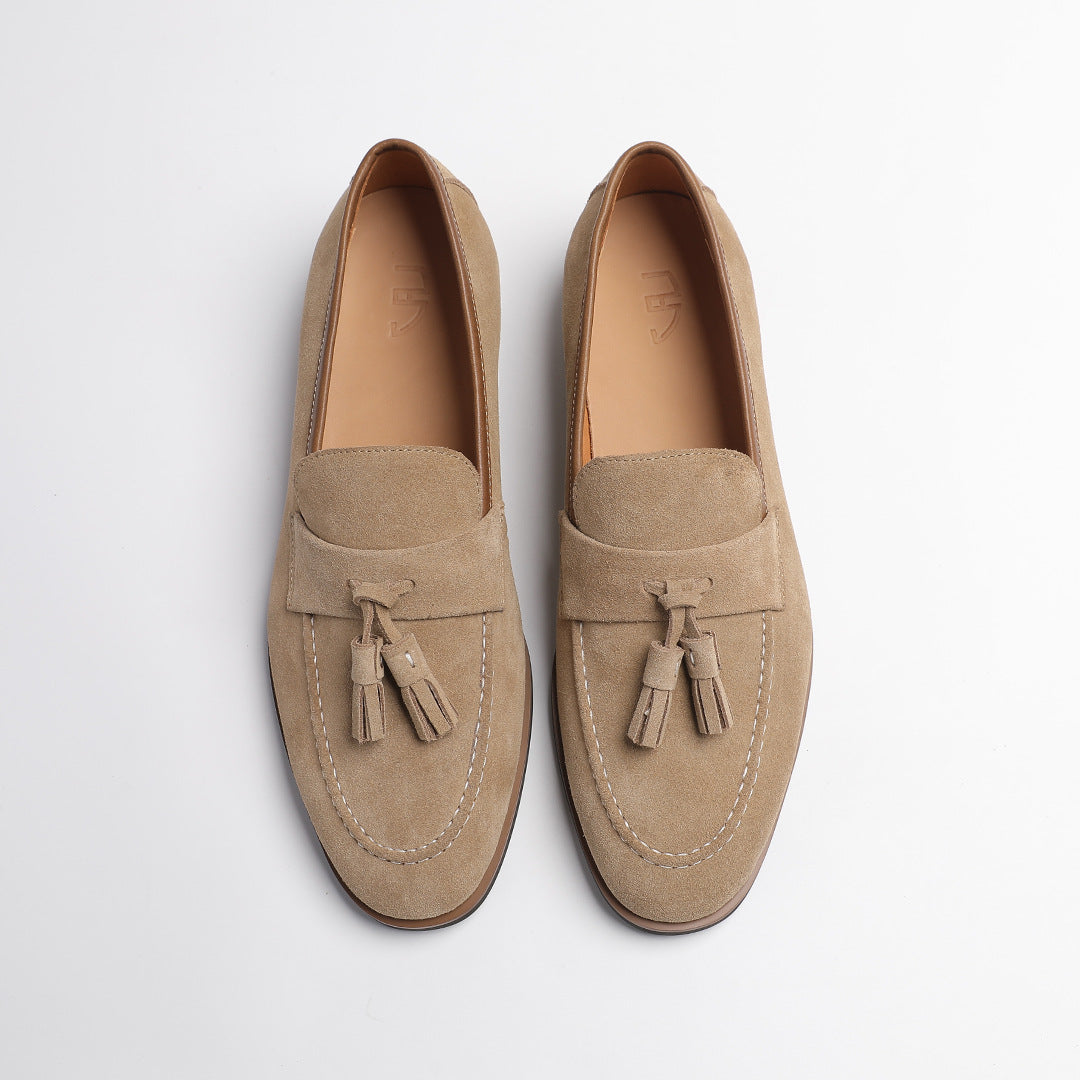 Elegant Gentleman British Retro Handmade Nubuck Leather Slip-On Tassel Loafers for Men, Lazy Casual Beanie Shoes for Men