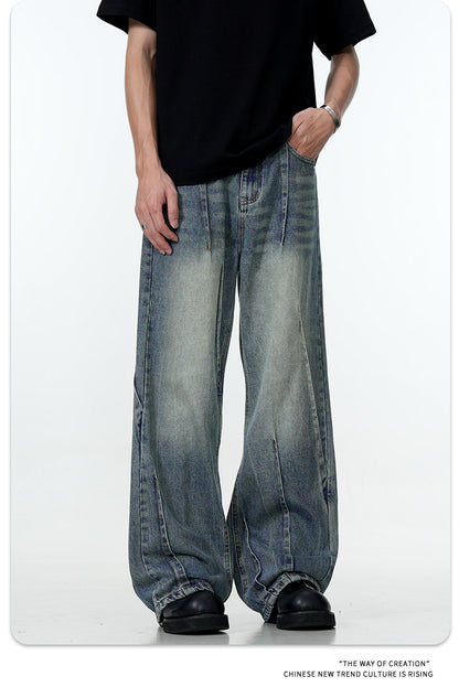 11Kn American Blue Jeans for Men and Women, Deconstructed Design, Retro Distressed Washed Straight Leg Trendy Loose Wide Leg Pants