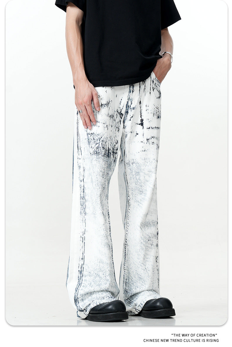11Kn American Ink White Jeans for Men and Women Retro Splash Ink Personalized Design Dirty Dyed Straight Loose Wide Leg Pants