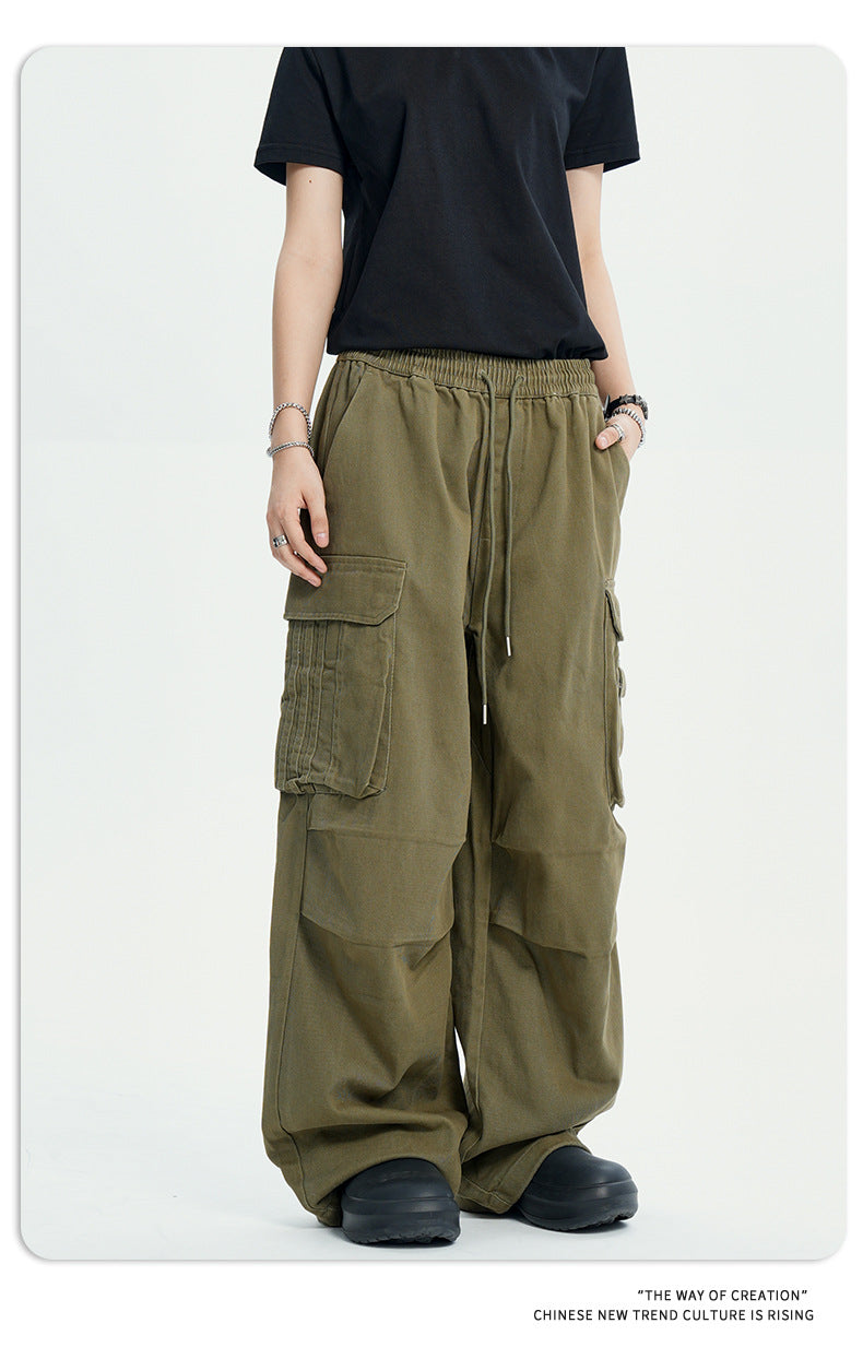 11Kn American Paratrooper Cargo Pants for Men and Women, Retro Draped, Multi-Flap Pocket Pants Drawstring, Wide Legs, Slim Straight Casual Pants