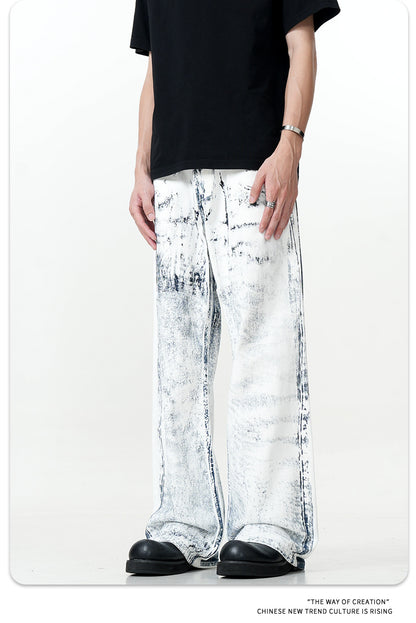11Kn American Ink White Jeans for Men and Women Retro Splash Ink Personalized Design Dirty Dyed Straight Loose Wide Leg Pants