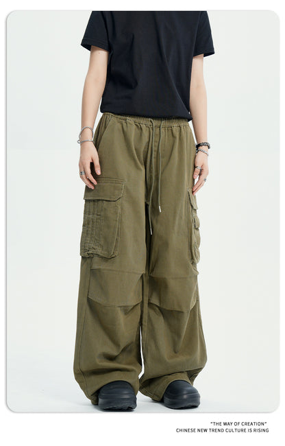 11Kn American Paratrooper Cargo Pants for Men and Women, Retro Draped, Multi-Flap Pocket Pants Drawstring, Wide Legs, Slim Straight Casual Pants