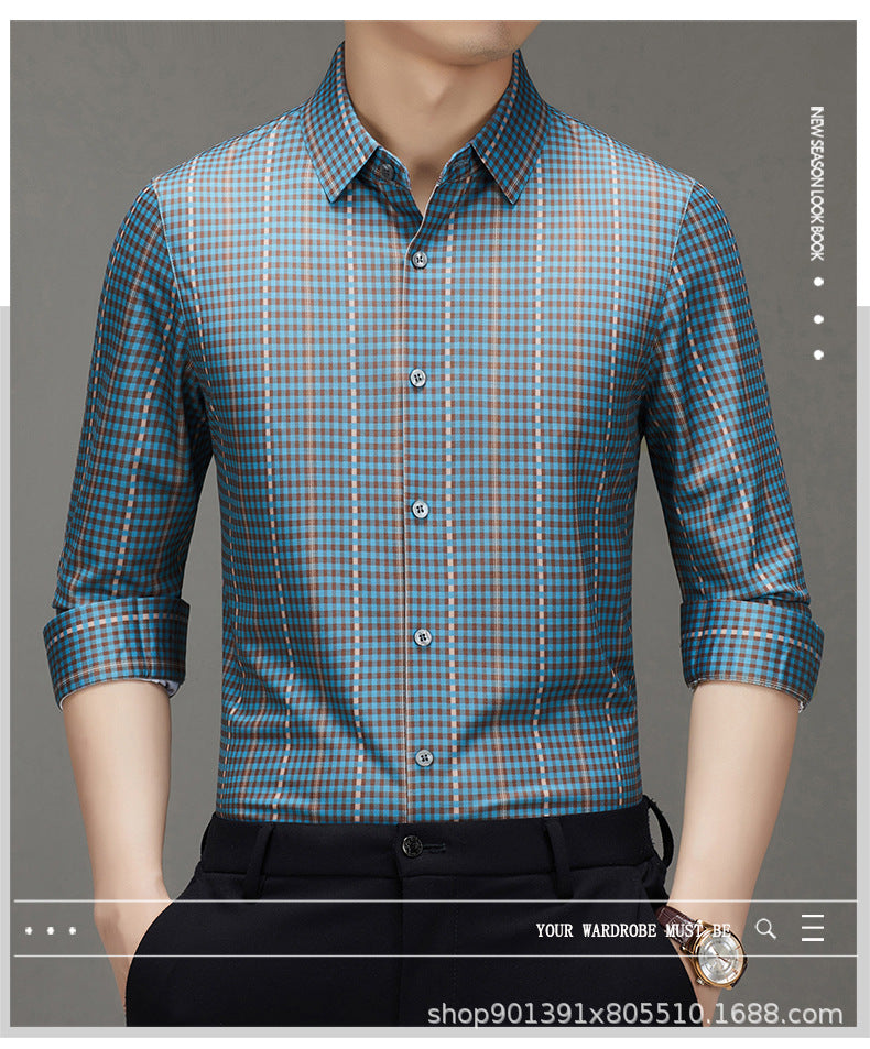 Spring and Autumn New Men's Shirt Cotton Plaid Business Casual Fashion Striped Non-Ironing Slim Long Sleeve Linen Shirt