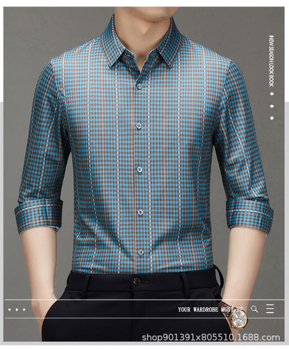 Spring and Autumn New Men's Shirt Cotton Plaid Business Casual Fashion Striped Non-Ironing Slim Long Sleeve Linen Shirt
