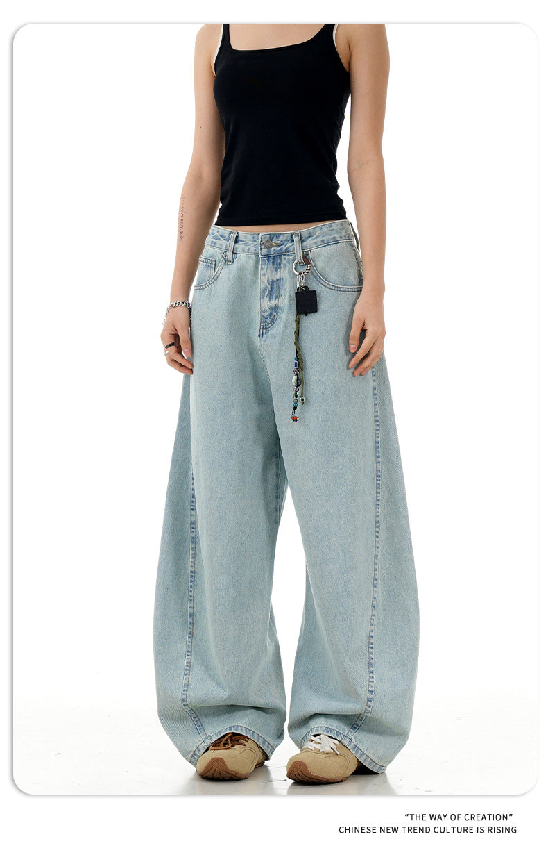 11Kn American Retro Ice Blue Scimitar Jeans for Men and Women, Distressed Washed Slimming Look Simple Wide-Leg Stacked Pants