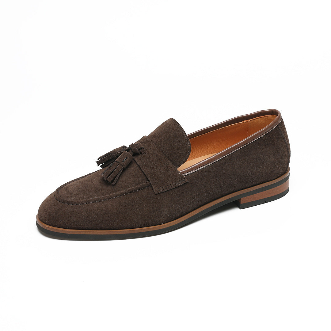 Elegant Gentleman British Retro Handmade Nubuck Leather Slip-On Tassel Loafers for Men, Lazy Casual Beanie Shoes for Men