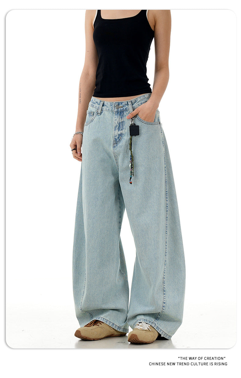 11Kn American Retro Ice Blue Scimitar Jeans for Men and Women, Distressed Washed Slimming Look Simple Wide-Leg Stacked Pants
