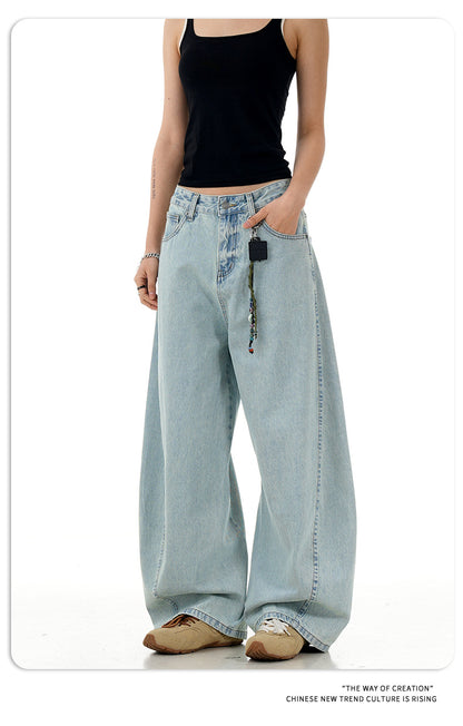 11Kn American Retro Ice Blue Scimitar Jeans for Men and Women, Distressed Washed Slimming Look Simple Wide-Leg Stacked Pants