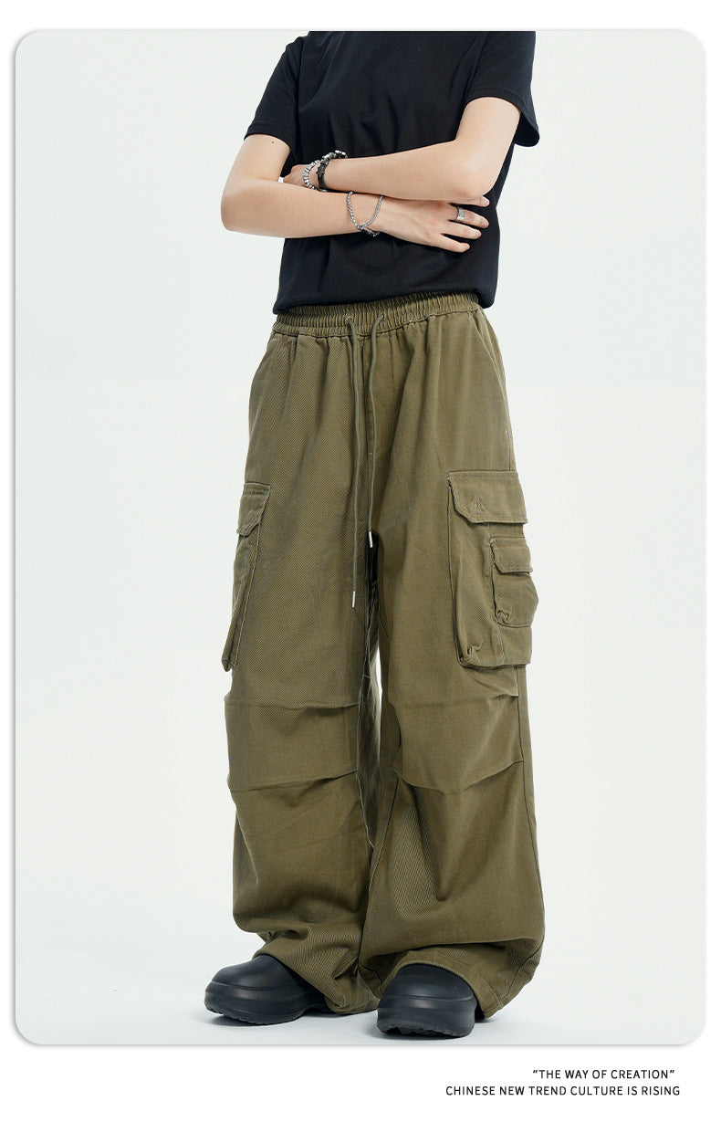 11Kn American Paratrooper Cargo Pants for Men and Women, Retro Draped, Multi-Flap Pocket Pants Drawstring, Wide Legs, Slim Straight Casual Pants