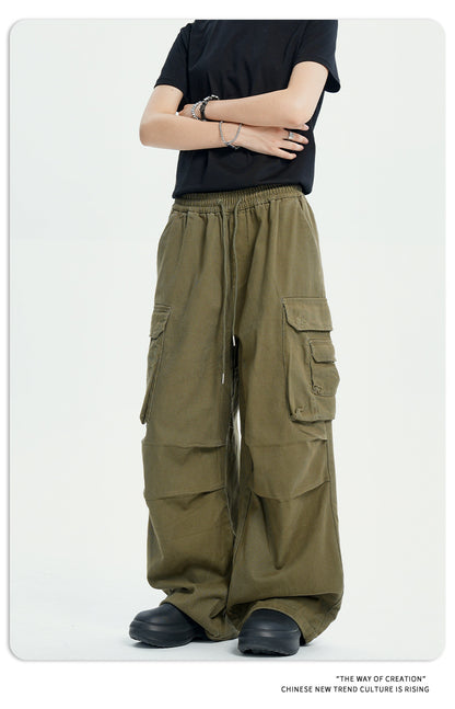 11Kn American Paratrooper Cargo Pants for Men and Women, Retro Draped, Multi-Flap Pocket Pants Drawstring, Wide Legs, Slim Straight Casual Pants