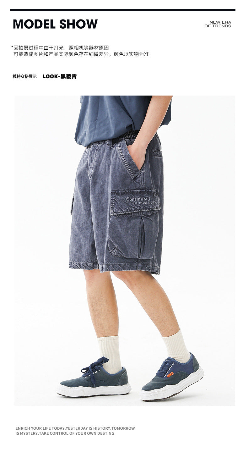Black Fleet American-Style Shorts Men's Summer Workwear Six-Point Pants Multi-Pocket Loose Casual Couple Style Retro Heavyweight