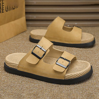 Linen Slippers for Men, Summer Outdoor Wear, Thick-Soled Woven Driving and Casual Sandals for Men