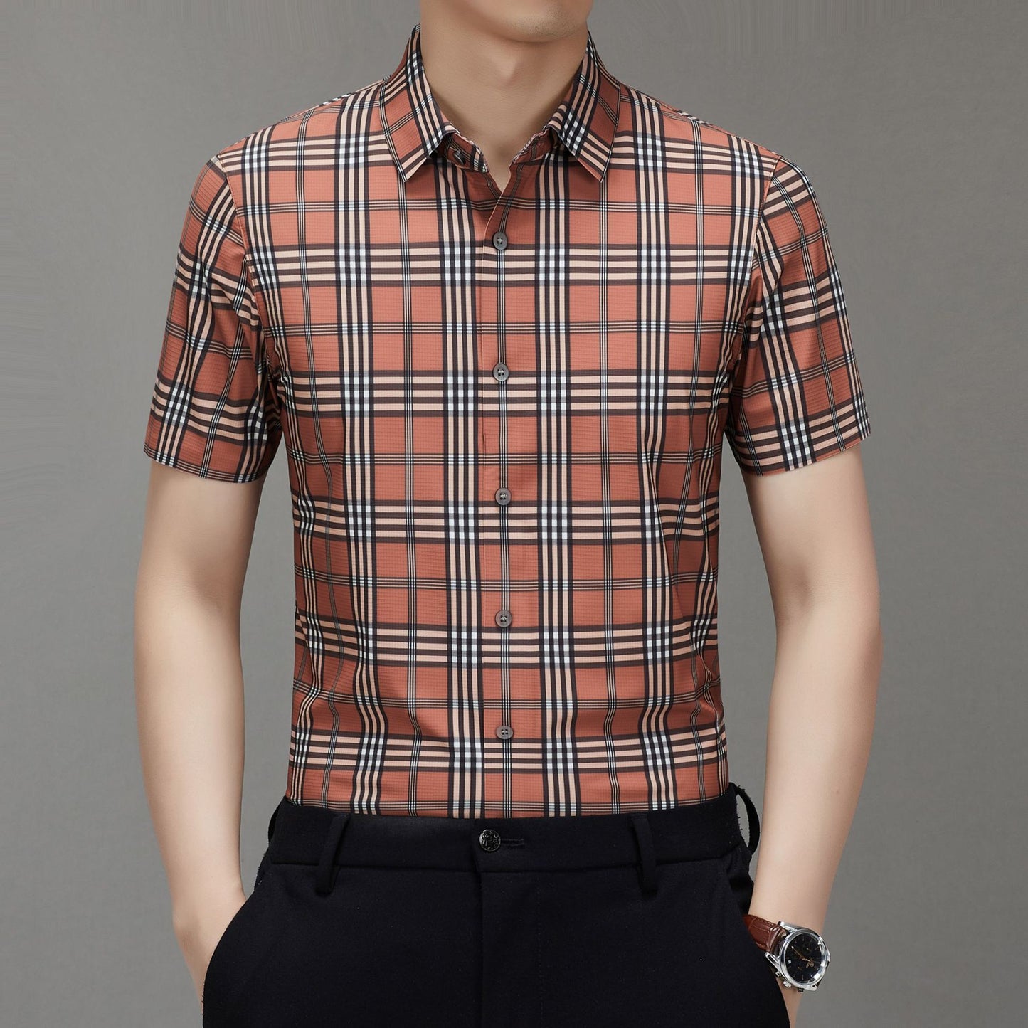Men's Short-sleeved Shirt Summer Non-marking Non-ironing Youth Short-sleeved Shirt Men's Fashion Plaid Casual Shirt Men's Short-sleeved Shirt
