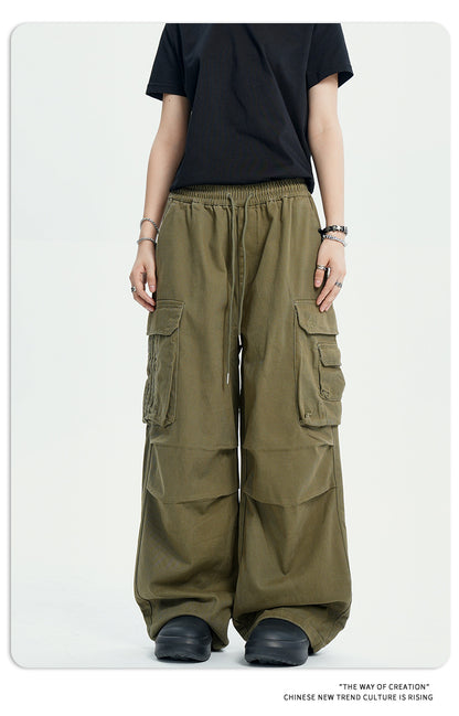 11Kn American Paratrooper Cargo Pants for Men and Women, Retro Draped, Multi-Flap Pocket Pants Drawstring, Wide Legs, Slim Straight Casual Pants