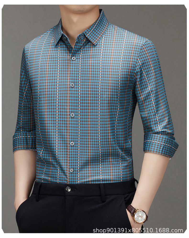 Spring and Autumn New Men's Shirt Cotton Plaid Business Casual Fashion Striped Non-Ironing Slim Long Sleeve Linen Shirt