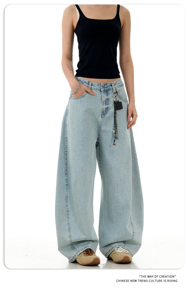 11Kn American Retro Ice Blue Scimitar Jeans for Men and Women, Distressed Washed Slimming Look Simple Wide-Leg Stacked Pants