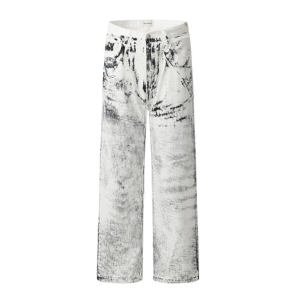 11Kn American Ink White Jeans for Men and Women Retro Splash Ink Personalized Design Dirty Dyed Straight Loose Wide Leg Pants