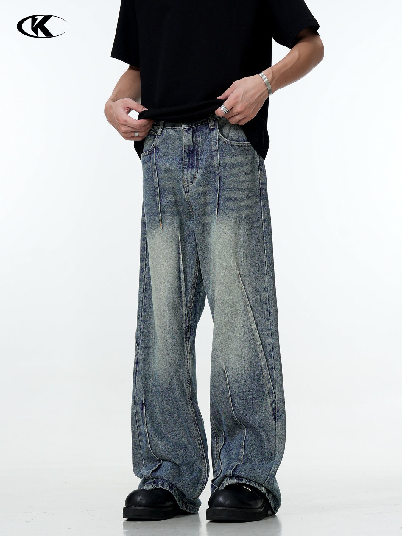 11Kn American Blue Jeans for Men and Women, Deconstructed Design, Retro Distressed Washed Straight Leg Trendy Loose Wide Leg Pants