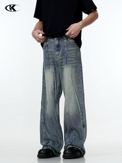 11Kn American Blue Jeans for Men and Women, Deconstructed Design, Retro Distressed Washed Straight Leg Trendy Loose Wide Leg Pants