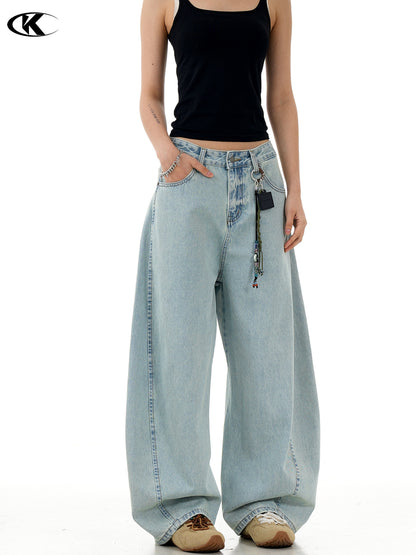 11Kn American Retro Ice Blue Scimitar Jeans for Men and Women, Distressed Washed Slimming Look Simple Wide-Leg Stacked Pants
