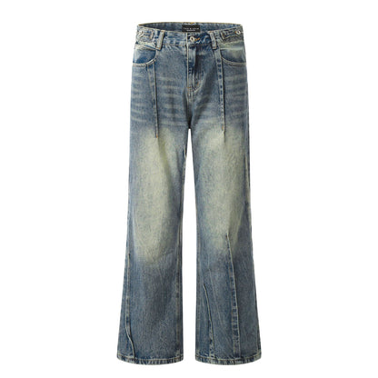 11Kn American Blue Jeans for Men and Women, Deconstructed Design, Retro Distressed Washed Straight Leg Trendy Loose Wide Leg Pants