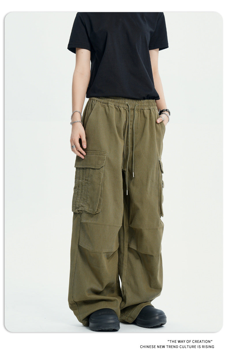 11Kn American Paratrooper Cargo Pants for Men and Women, Retro Draped, Multi-Flap Pocket Pants Drawstring, Wide Legs, Slim Straight Casual Pants