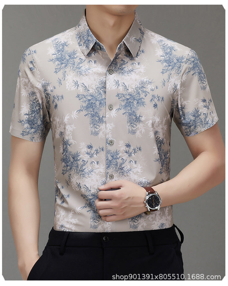 Men's Short-sleeved Shirt 2025 New Spring and Summer Ice Shirt Men's Jacquard Traceless All-match Shirt Men's Short-sleeved Shirt