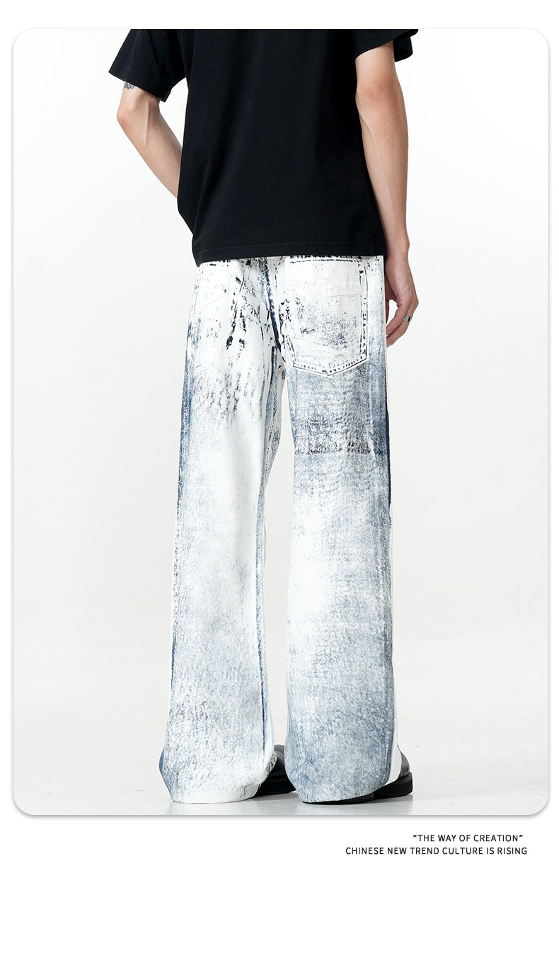 11Kn American Ink White Jeans for Men and Women Retro Splash Ink Personalized Design Dirty Dyed Straight Loose Wide Leg Pants