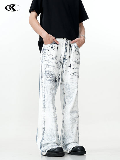 11Kn American Ink White Jeans for Men and Women Retro Splash Ink Personalized Design Dirty Dyed Straight Loose Wide Leg Pants