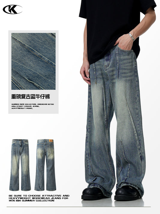11Kn American Blue Jeans for Men and Women, Deconstructed Design, Retro Distressed Washed Straight Leg Trendy Loose Wide Leg Pants