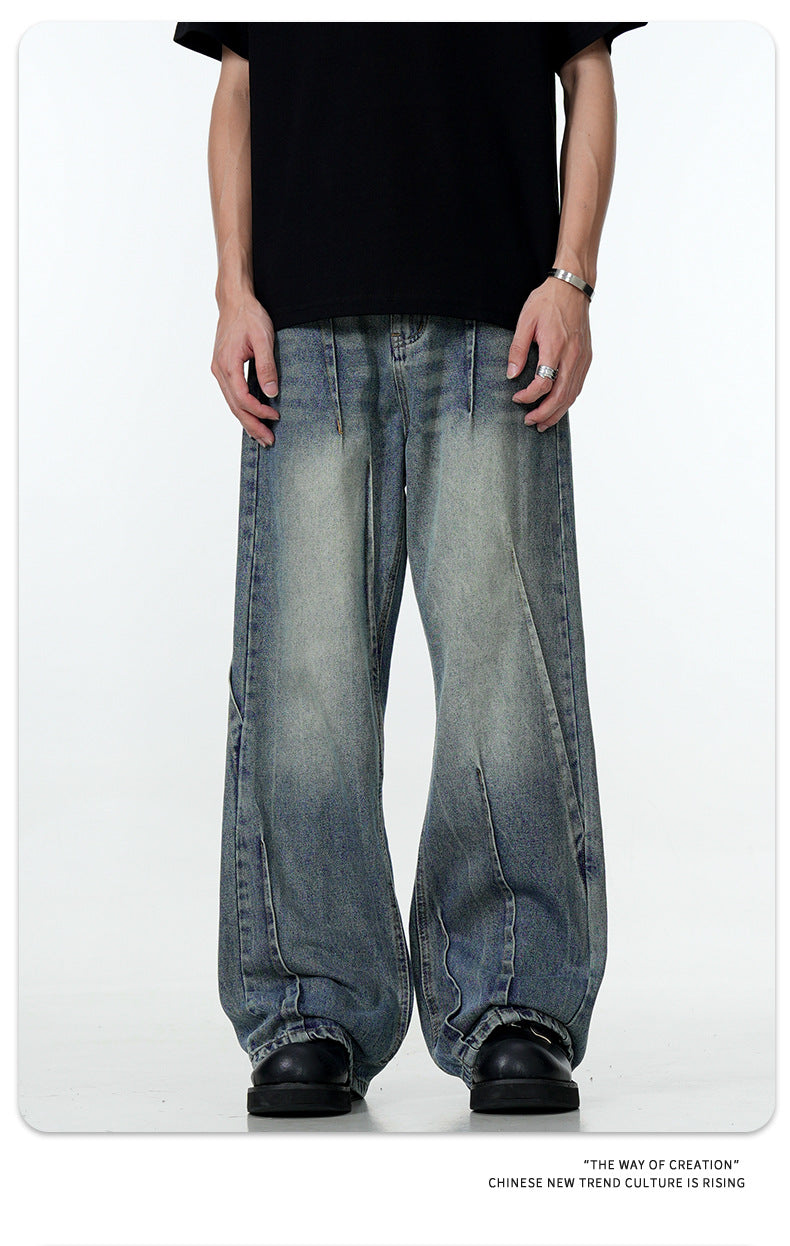 11Kn American Blue Jeans for Men and Women, Deconstructed Design, Retro Distressed Washed Straight Leg Trendy Loose Wide Leg Pants