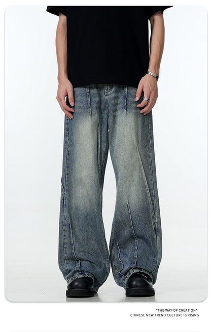 11Kn American Blue Jeans for Men and Women, Deconstructed Design, Retro Distressed Washed Straight Leg Trendy Loose Wide Leg Pants