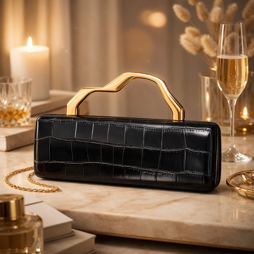 Luxury Burgundy Crocodile Pattern PU Evening Clutch with Gilded Shaped Handle for Ladies Fashionable Party Handbag