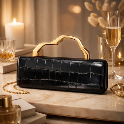 Luxury Burgundy Crocodile Pattern PU Evening Clutch with Gilded Shaped Handle for Ladies Fashionable Party Handbag